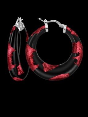 SOHO Black Enamel with Gold Leaf / Red Inlay Hoop Earrings